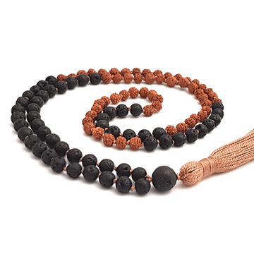 Handmade Grounding Mala Necklace – Lava & Rudraksha for Stability curled on table